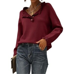 BTFBM Modern chic quality burgundy ruffled Crewneck Or V-Neck pullover sweater